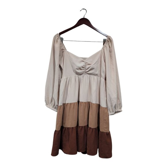 Entro Tri Color Tiered Dress Smocked Back Long Sleeve Tan Brown Boho Peasant L - Picture 1 of 16